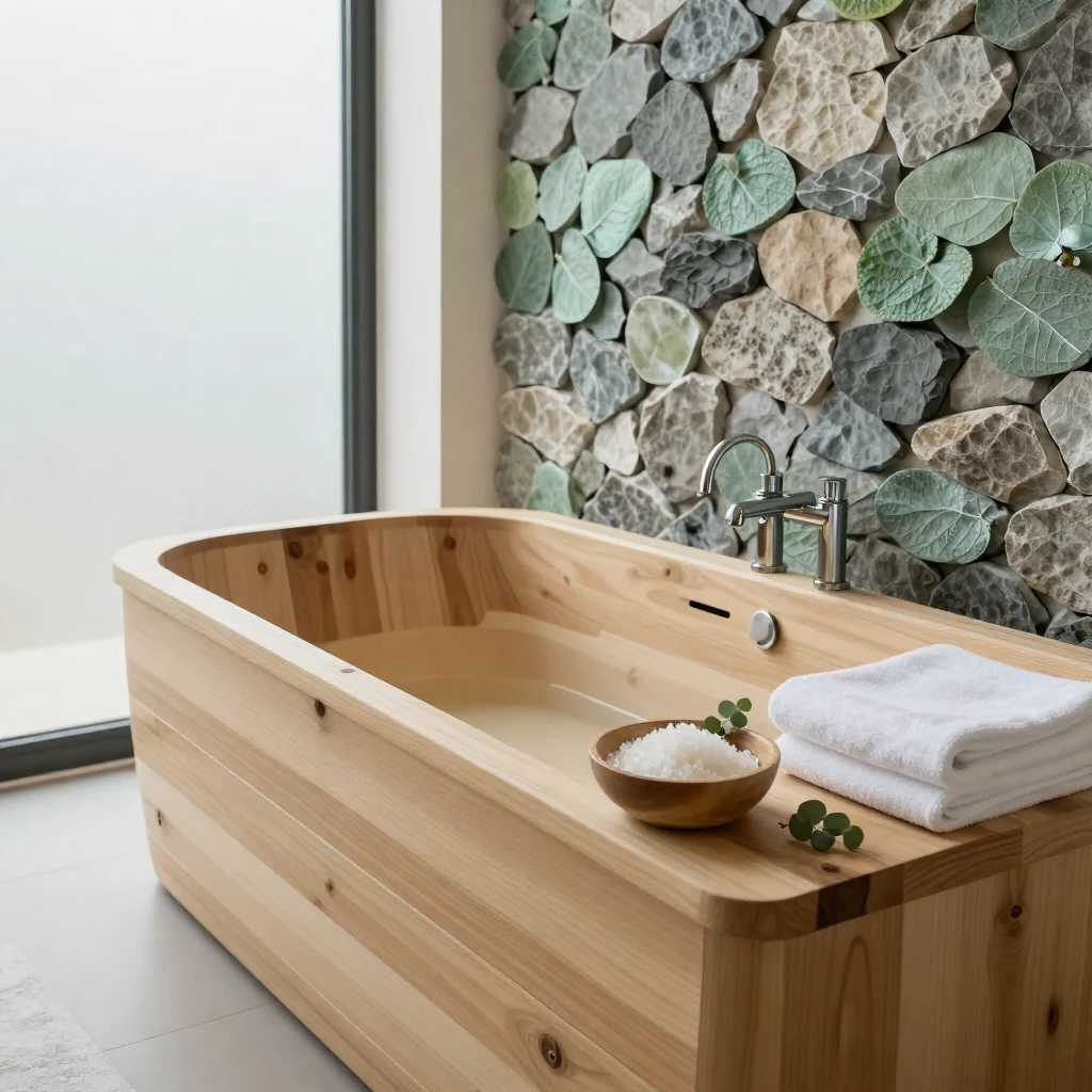 A wooden bath and fresh towels evoke a private retreat