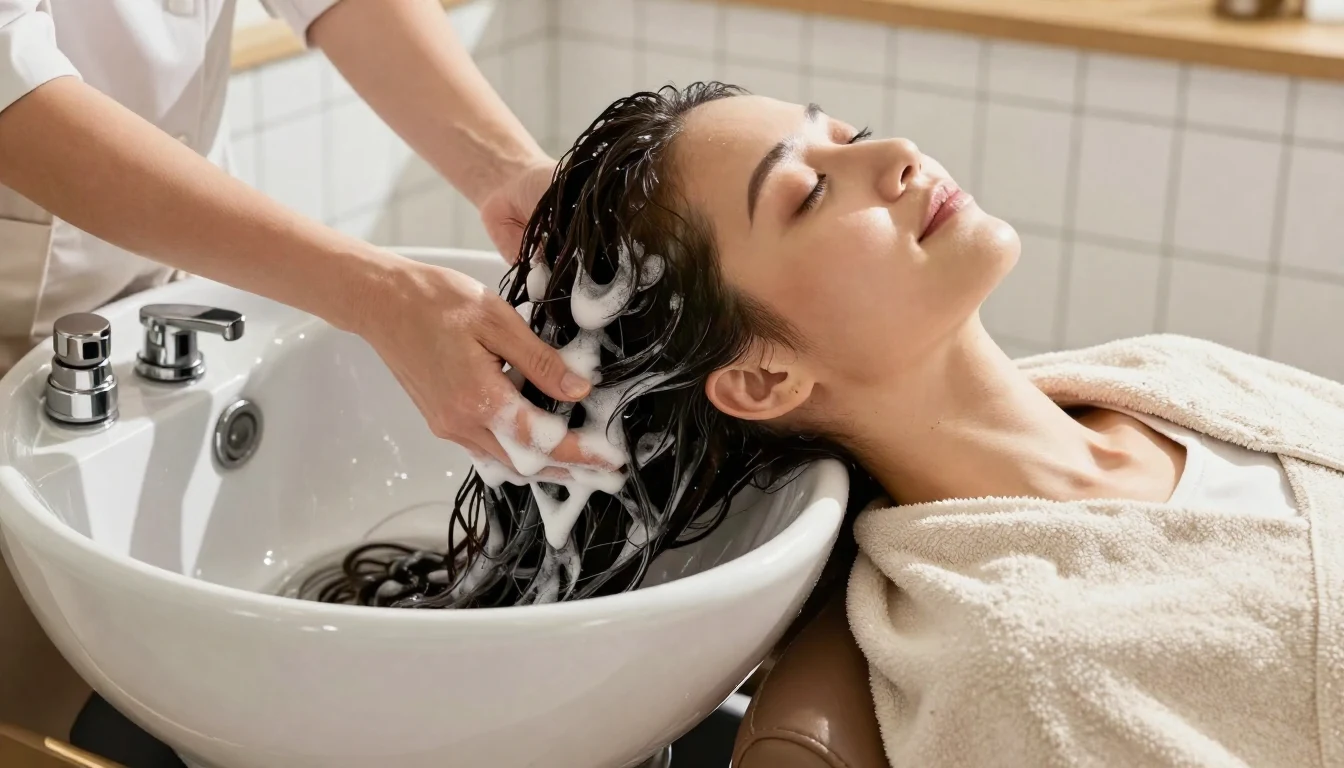 A guest relaxing during a shampoo treatment