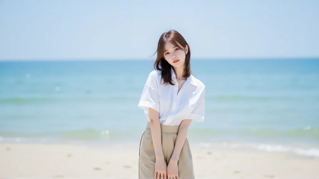 화창한 다낭 해변에서 밝은 미소의 여성이 흰 셔츠와 베이지색 반바지를 입고 포즈를 취하고 있습니다. DanangPick과 함께하는 다낭 여행의 싱그러운 순간을 담다.