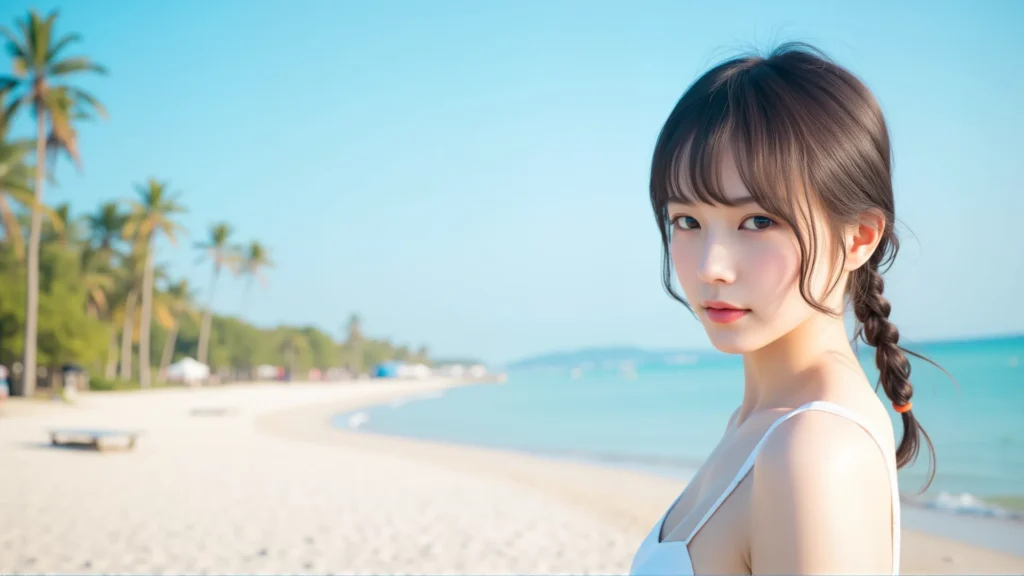 다낭픽 추천! 베트남 다낭 해변에서 싱그러운 야자수와 푸른 바다를 배경으로 여유로운 휴가를 즐기는 DanangPick 여행객의 모습.