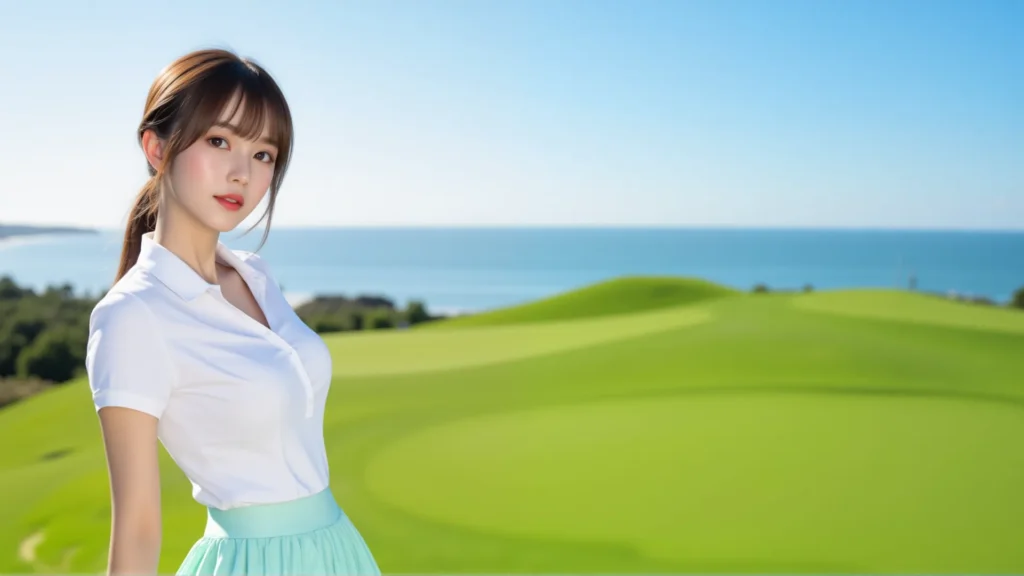 다낭픽 DanangPick, 다낭 해변 골프 코스에서 화사한 미소를 짓는 아시아 여성. 푸른 바다와 초록 필드가 어우러진 완벽한 휴가를 만끽하세요.