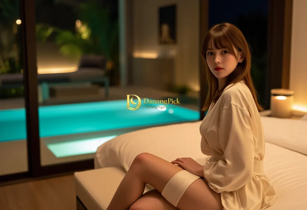 다낭 풀빌라에서 편안한 베이지 로브를 입고 앉아 카메라를 보는 여성. 밤 수영장 야경이 돋보이는 럭셔리 다낭픽 poolvilla.