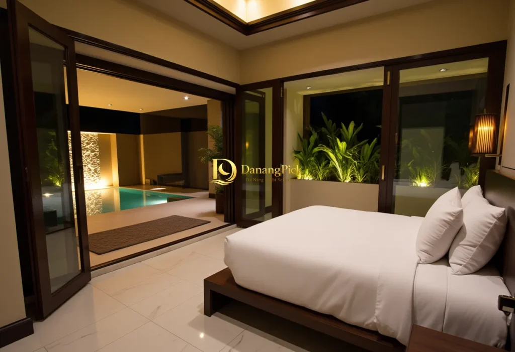 DanangPick 다낭 풀빌라. 아늑한 침실에서 바로 연결되는 프라이빗 poolvilla 전경입니다. 조명 아래 빛나는 풀과 식물이 고급스러운 다낭 휴가를 선사합니다.
