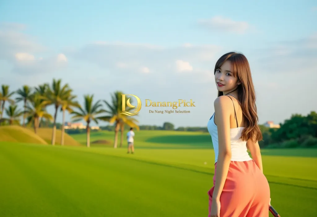 다낭 골프장에서 활짝 웃는 DanangPick의 매력적인 골프_에코걸. 푸른 잔디와 야자수 아래 다낭 골프 라운딩을 즐기는 여유로운 순간.