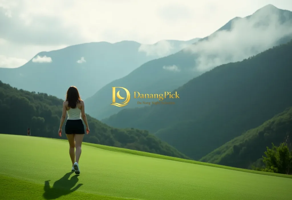 다낭 골프장에서 활짝 웃는 DanangPick의 매력적인 골프_에코걸. 푸른 잔디와 야자수 아래 다낭 골프 라운딩을 즐기는 여유로운 순간.
