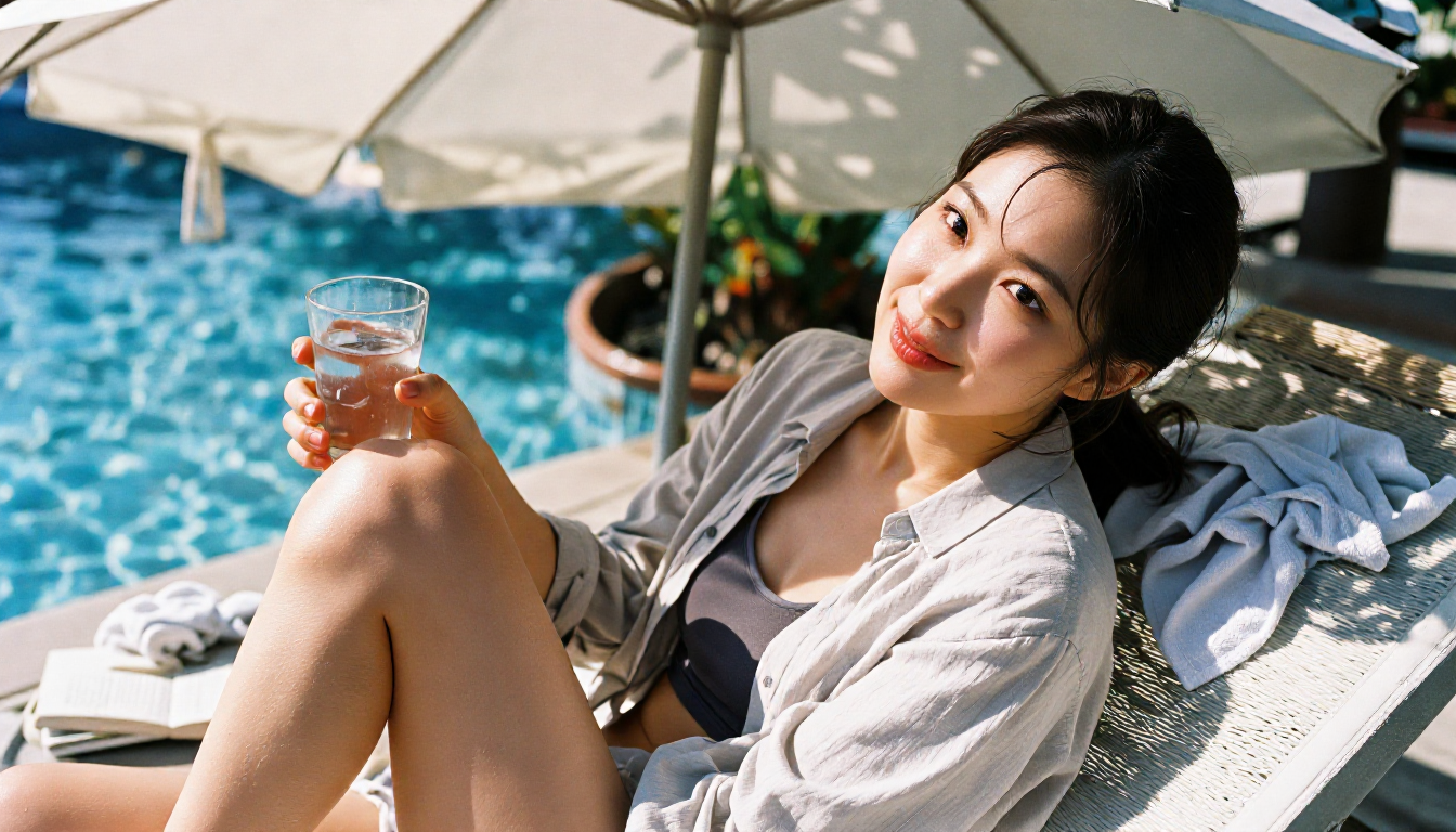다낭 풀빌라 선베드와 파라솔이 있는 수영장